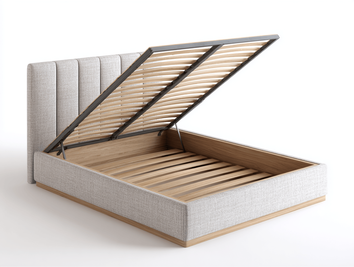 Lit double tapissé – beige – avec rangement intégré
