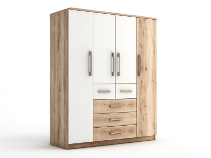 Armoire en bois – blanc et chêne – avec portes et tiroirs