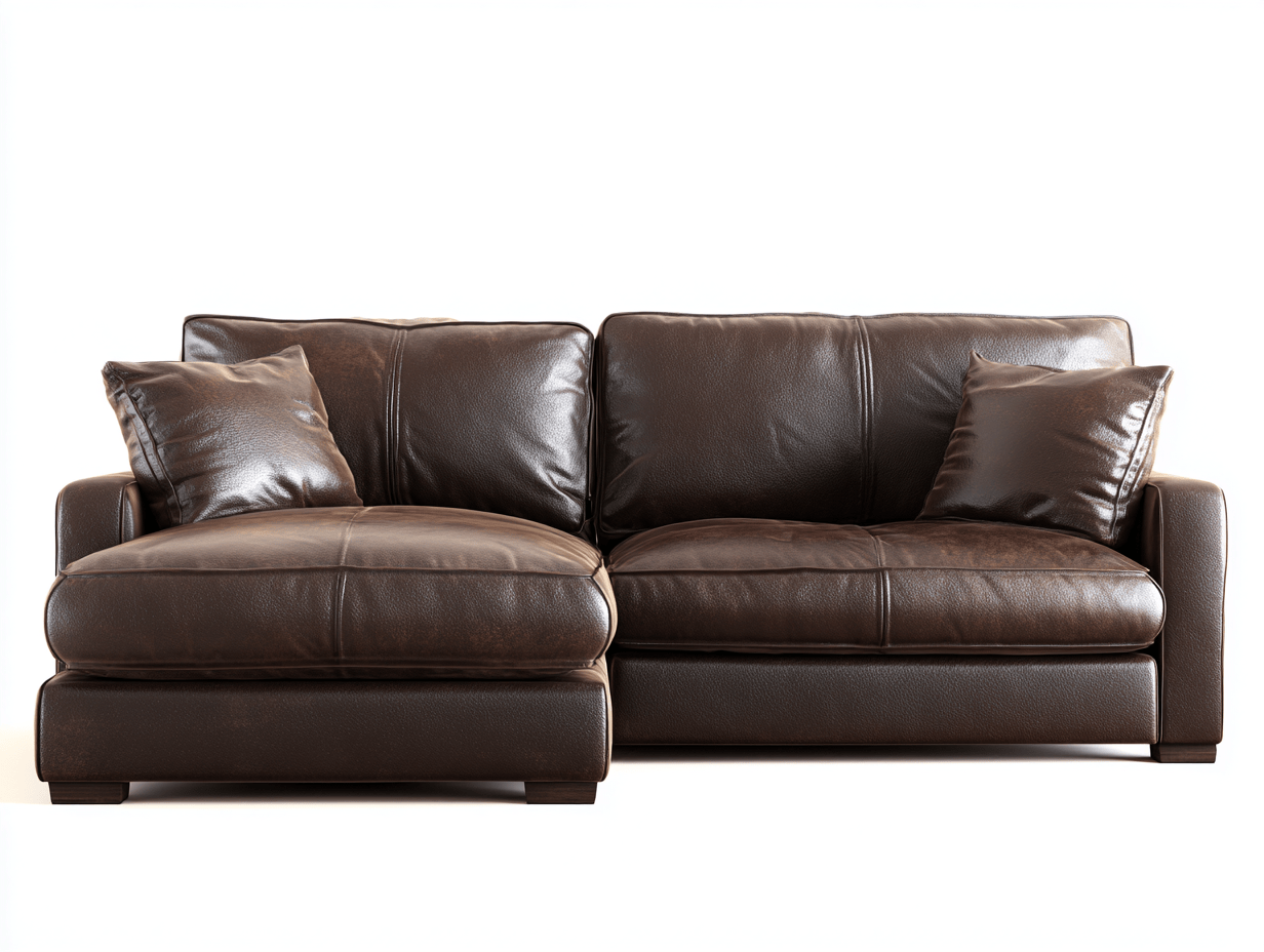 Canapé d'angle – cuir synthétique marron foncé – avec méridienne intégrée et coussins assortis