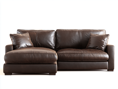 Canapé d'angle – cuir synthétique marron foncé – avec méridienne intégrée et coussins assortis