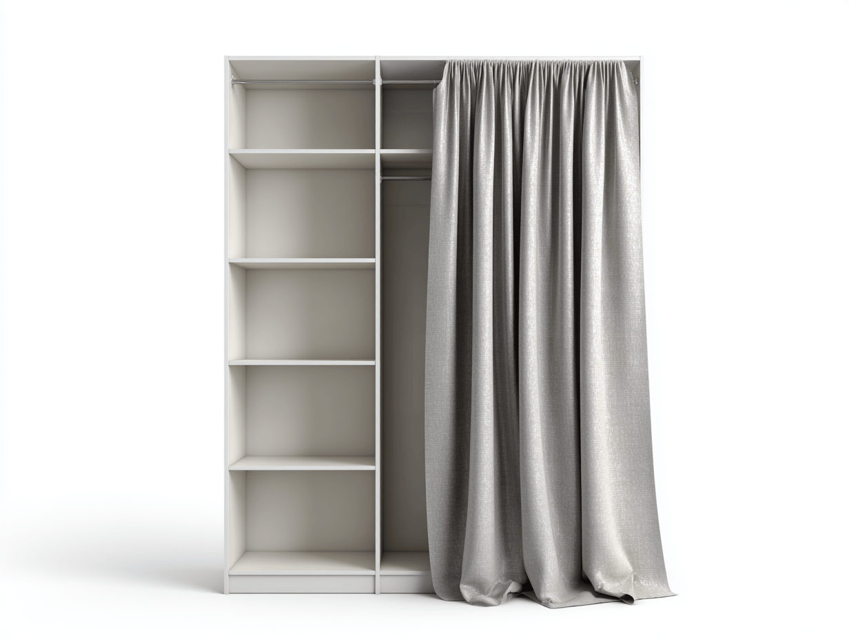Armoire ouverte avec rideau – blanc – avec étagères et espace penderie