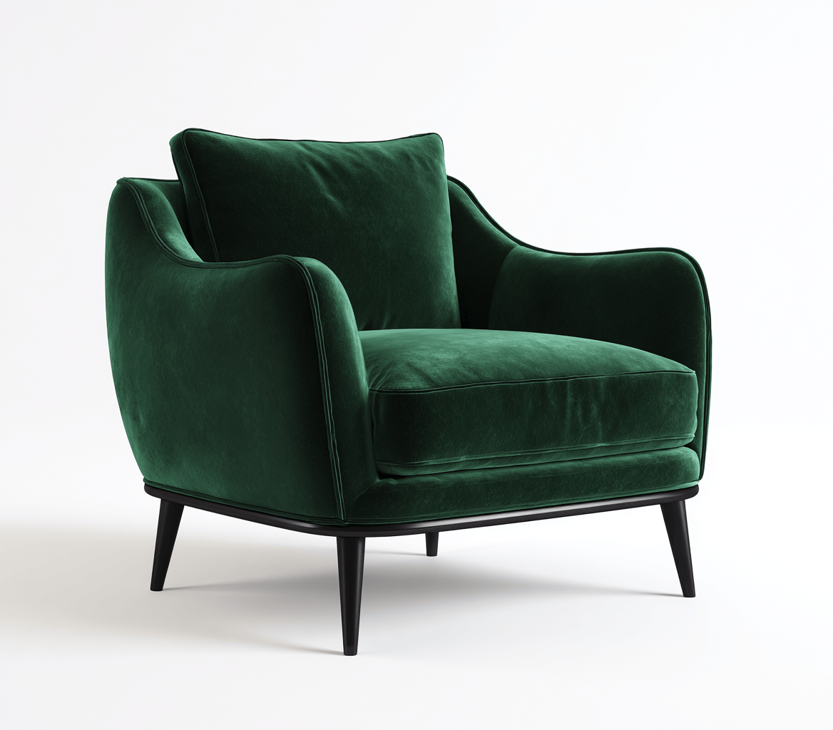 Fauteuil tapissé – velours vert foncé – pieds noirs en bois