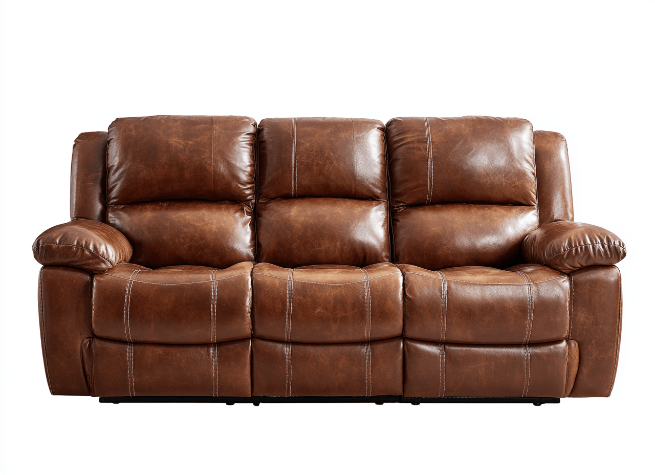 Canapé trois places - cuir synthétique marron - style relax vintage avec surpiqûres apparentes