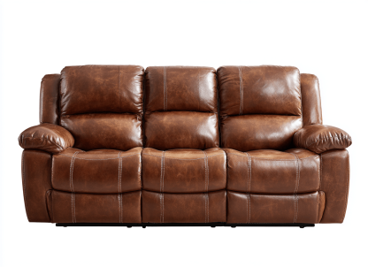 Canapé trois places - cuir synthétique marron - style relax vintage avec surpiqûres apparentes