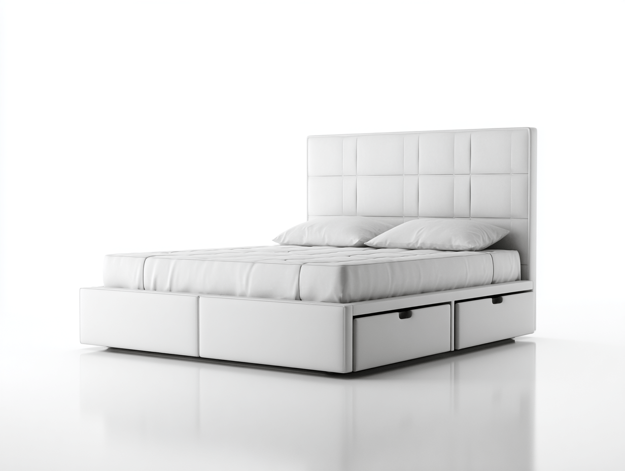 Lit double tapissé – cuir synthétique blanc – avec 2 tiroirs de rangement