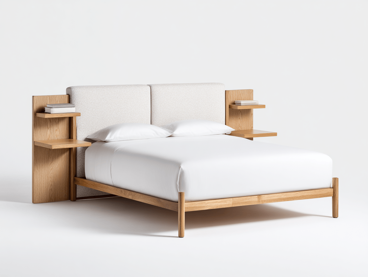 Lit double moderne – bois clair et tissu beige – avec étagères et coussins décoratifs