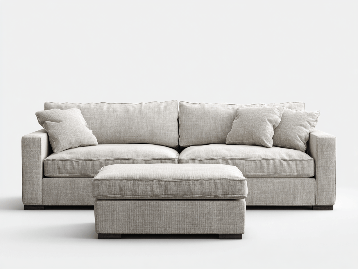 Canapé 3 places en tissu – gris clair – avec pouf assorti et coussins décoratifs