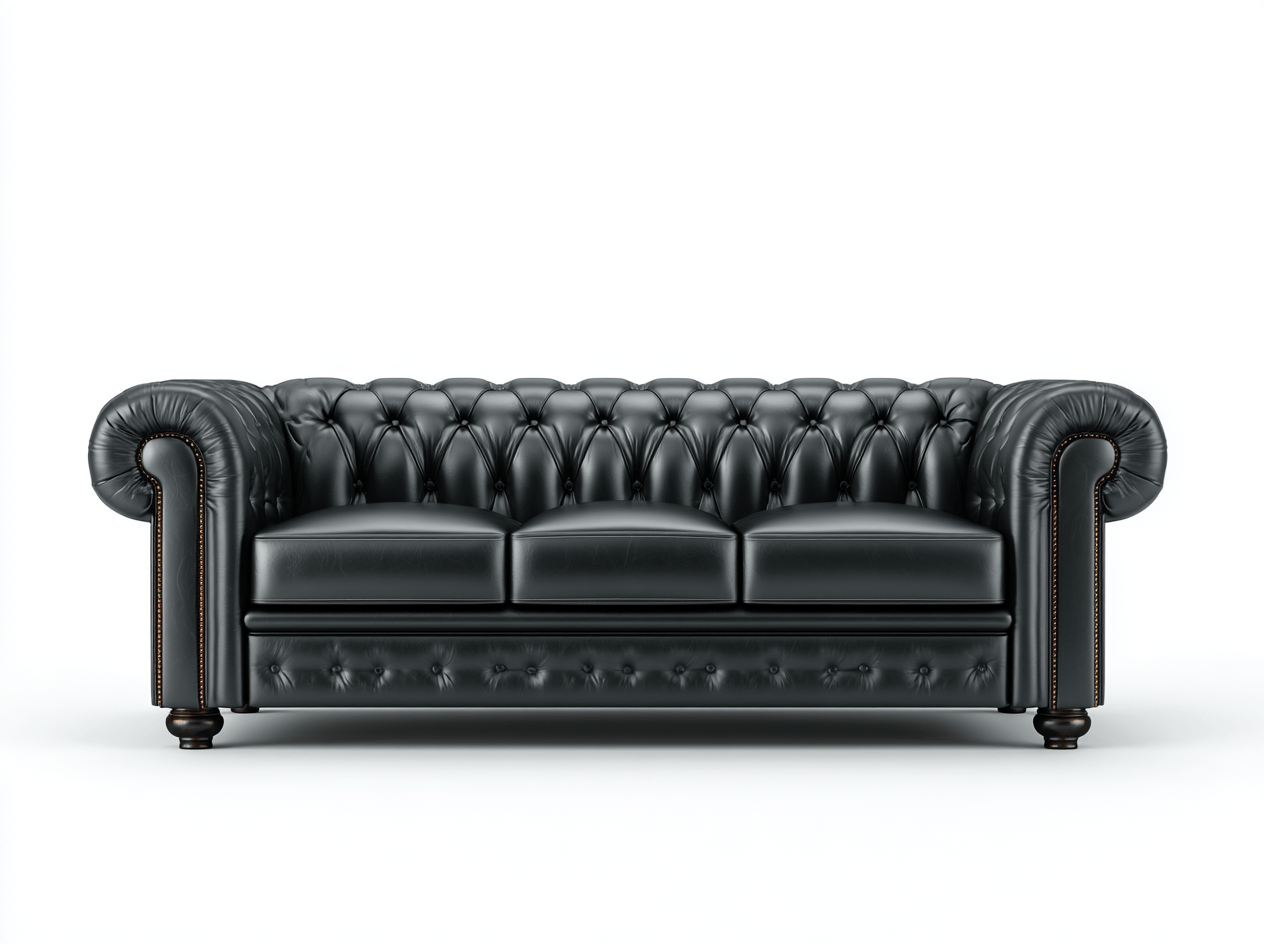 Canapé 3 places – cuir synthétique noir – style capitonné classique avec clous décoratifs