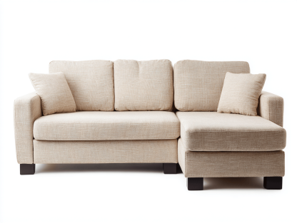 Canapé d'angle 2 places en tissu beige – avec méridienne intégrée – coussins inclus