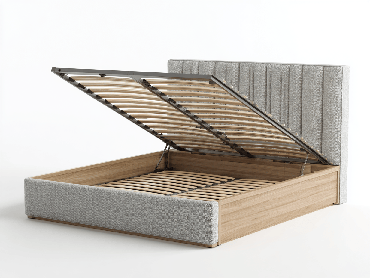 Lit double tapissé – tissu gris clair et bois naturel – avec coffre de rangement