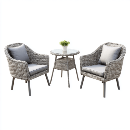 Salon de jardin 3 pièces – rotin synthétique – gris – structure métallique et coussins inclus