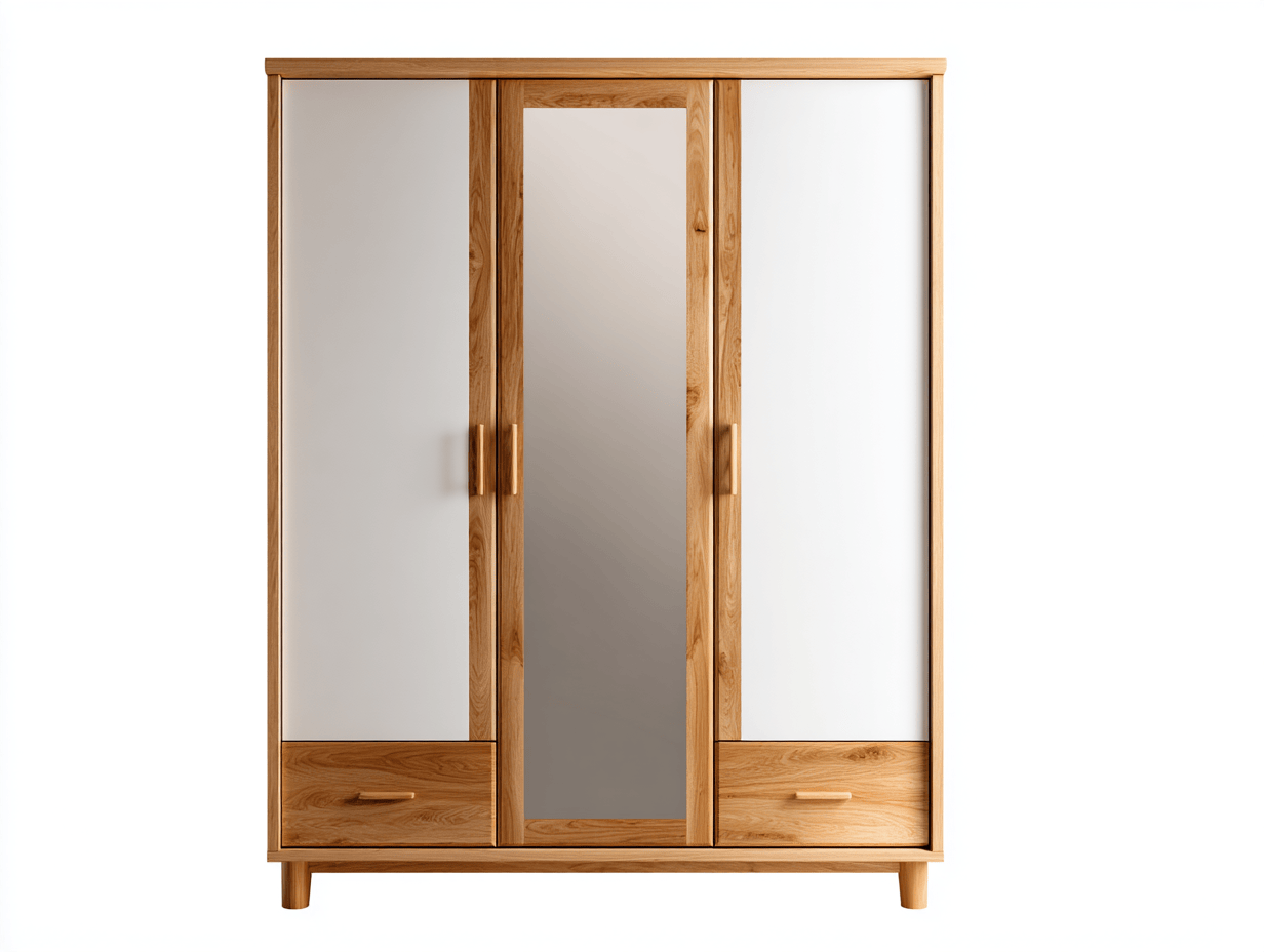 Armoire 3 portes – bois clair et blanc – avec miroir et tiroirs