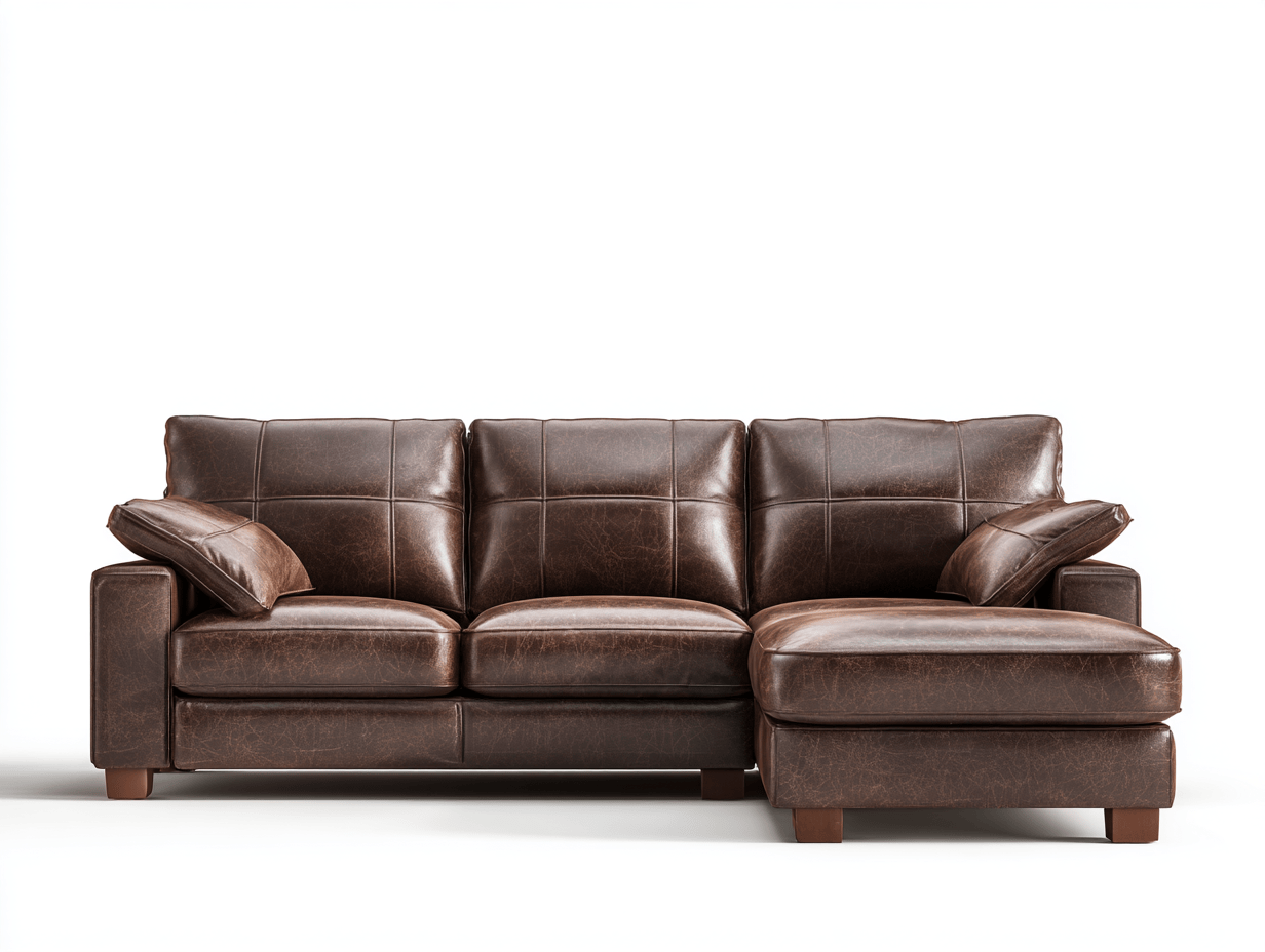 Canapé d’angle 3 places – cuir synthétique marron – avec méridienne fixe et coussins inclus