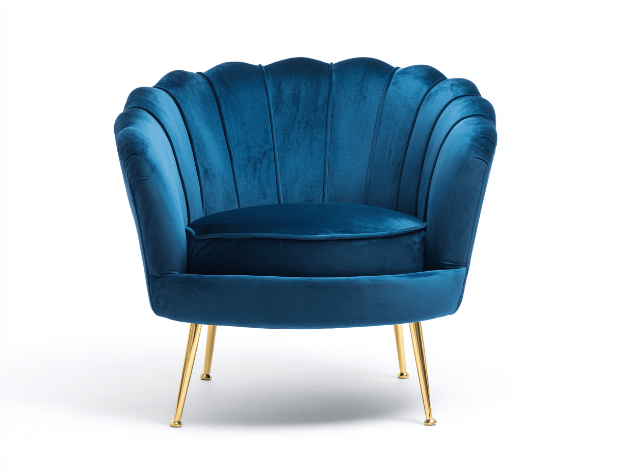 Fauteuil en velours – bleu foncé – dossier coquille incurvé avec pieds dorés