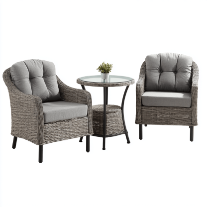 Salon de jardin 3 pièces – résine tressée – gris – avec coussins et table en verre sur pieds métalliques