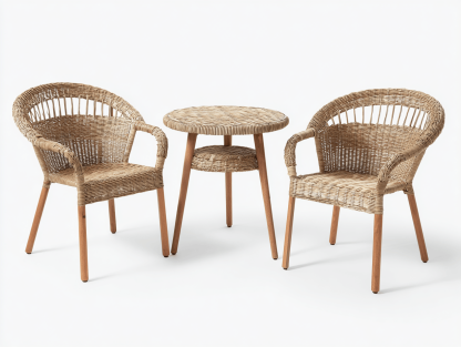 Salon de jardin 3 pièces – rotin synthétique – marron – sans coussins avec structure bois naturel