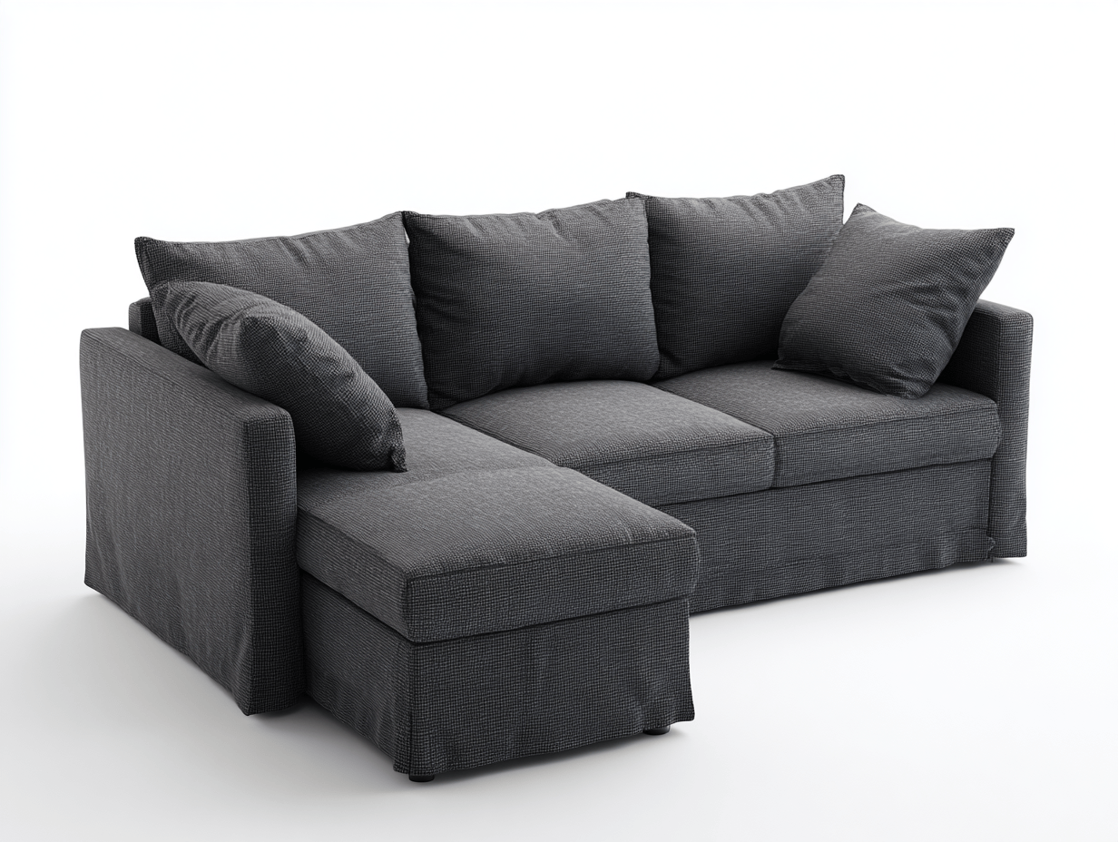Canapé d'angle en tissu – gris foncé – avec méridienne intégrée et coussins inclus