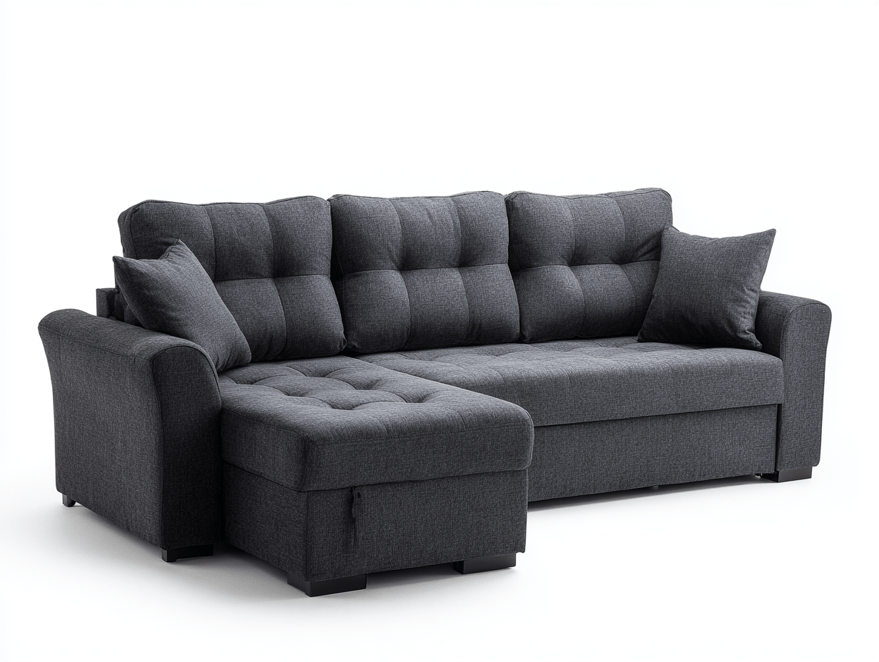 Canapé d'angle en tissu – gris foncé – avec méridienne intégrée et coussins décoratifs
