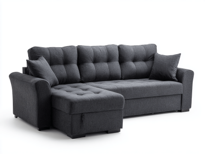 Canapé d'angle en tissu – gris foncé – avec méridienne intégrée et coussins décoratifs