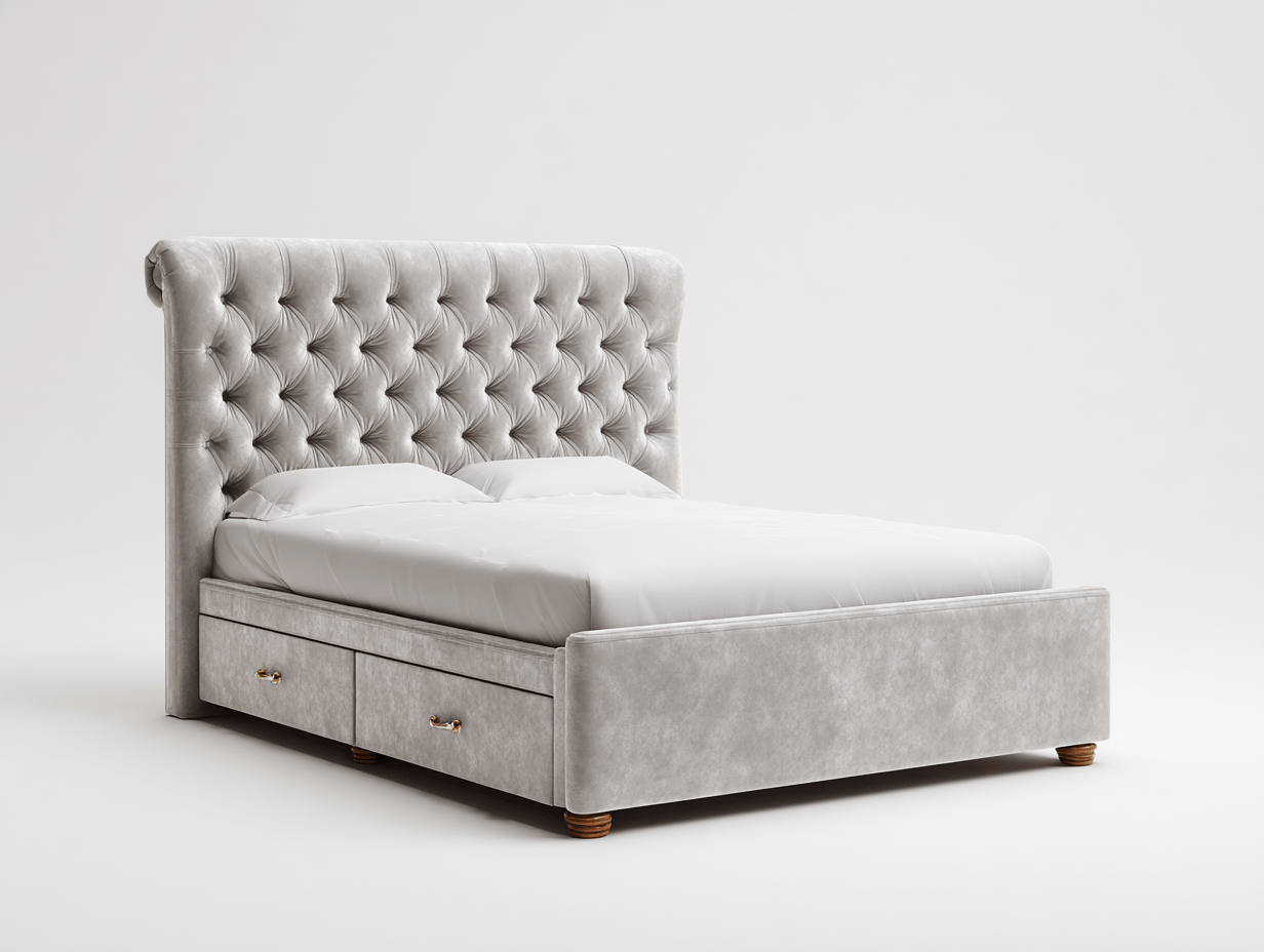 Lit double tapissé – tissu synthétique – gris clair – avec rangements latéraux et deux oreillers