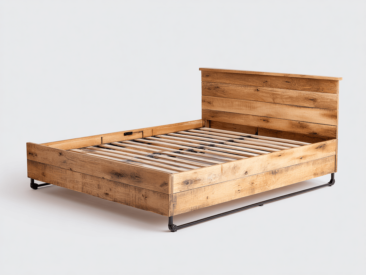 Lit double en bois clair – structure en métal noir – style industriel avec tête de lit