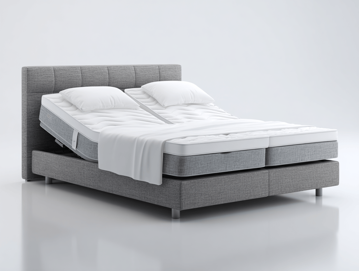 Lit double électrique – tissu gris – avec matelas réglable et oreillers