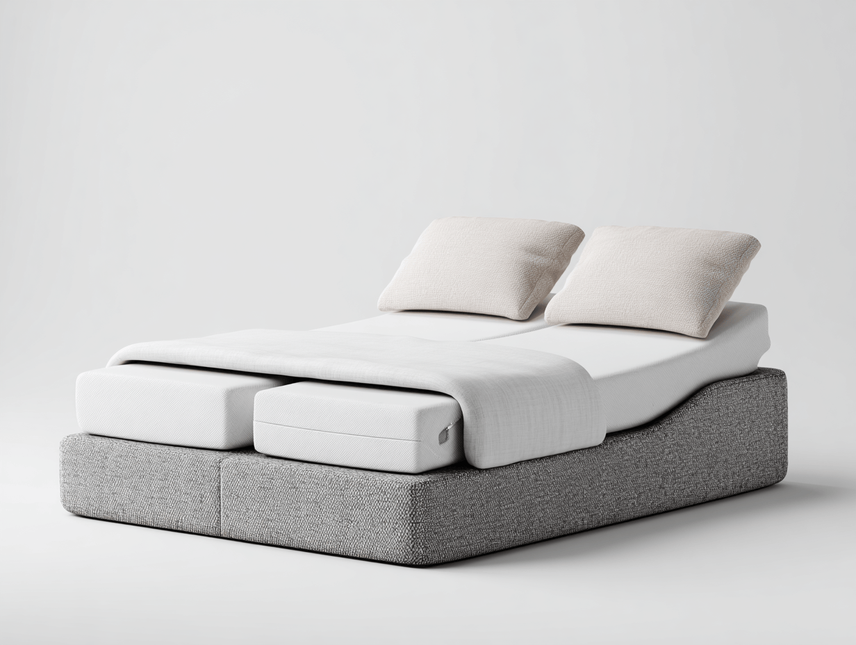Lit double électrique – tissu gris – avec matelas articulés et 2 coussins