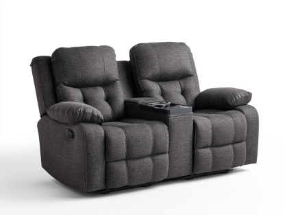 Canapé 2 places relax manuel en tissu – gris foncé – avec accoudoirs et console centrale