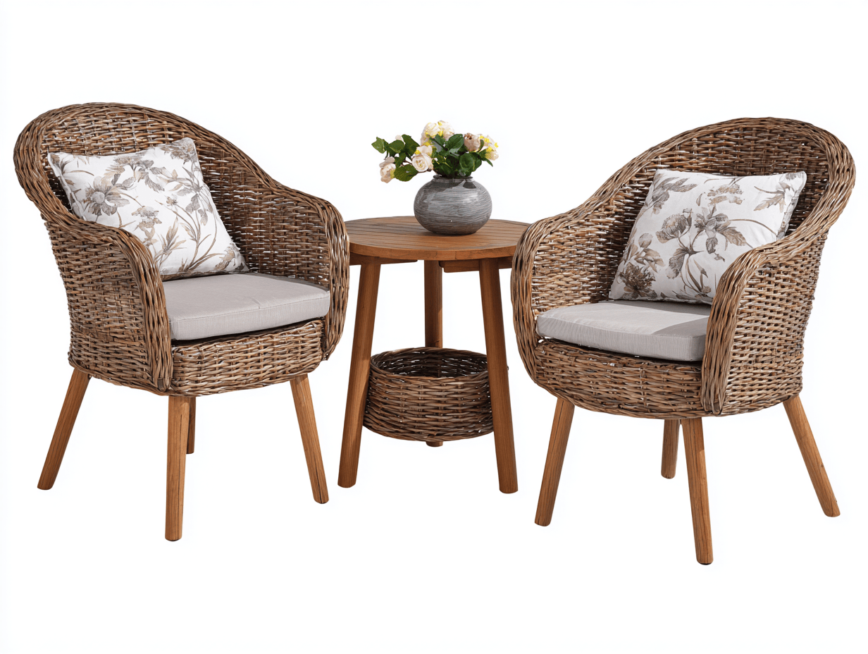 Salon de jardin 3 pièces – rotin synthétique – marron/beige – avec coussins à motifs floraux et table d’appoint en bois