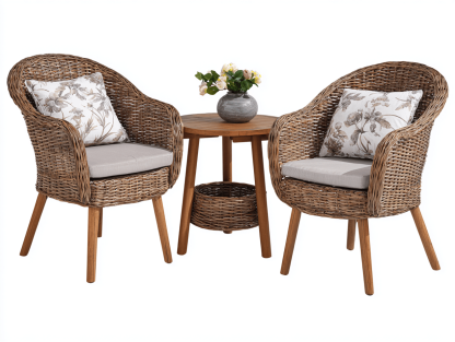 Salon de jardin 3 pièces – rotin synthétique – marron/beige – avec coussins à motifs floraux et table d’appoint en bois