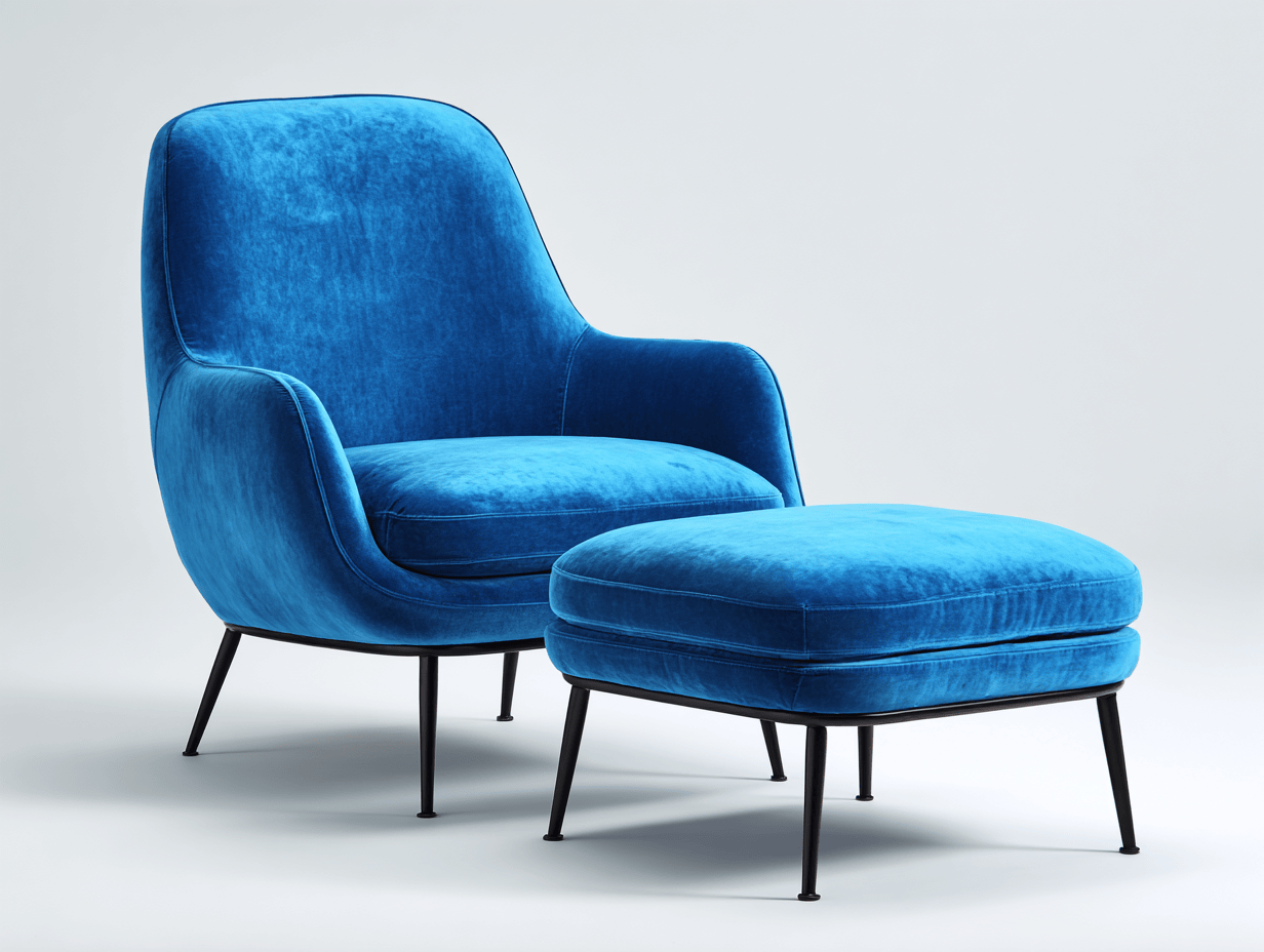 Fauteuil avec repose-pieds – velours bleu – pieds en métal noir