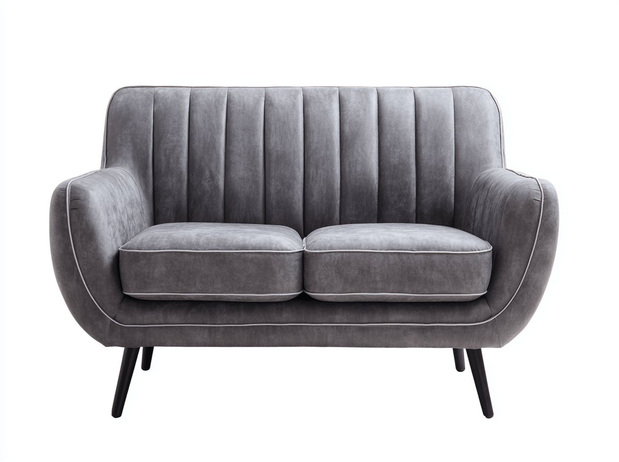 Canapé deux places - tissu gris - style rétro avec dossier à coutures verticales et pieds fins noirs