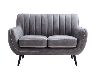 Canapé deux places - tissu gris - style rétro avec dossier à coutures verticales et pieds fins noirs