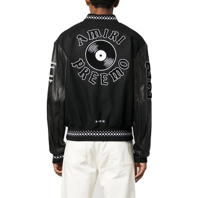 AM Appliquéd Embroidered Wool-Blend Twill and Leather Varsity Jacket