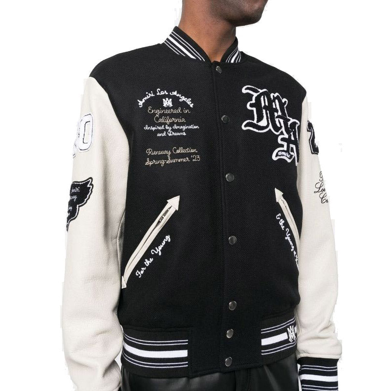 AM Appliquéd Embroidered Wool-Blend and Leather Varsity Jacket