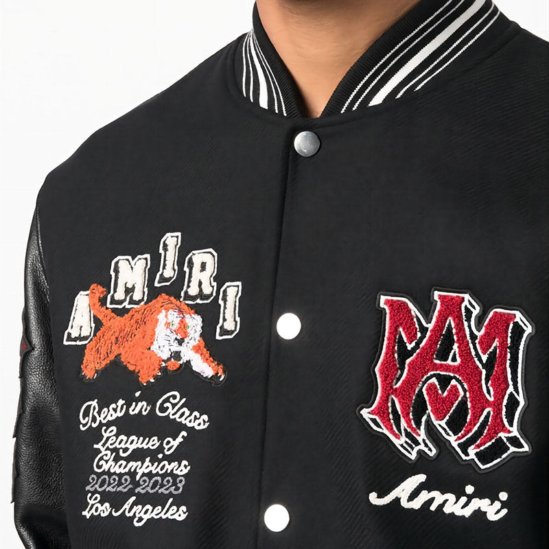 AM Appliquéd Embroidered Wool-Blend Twill and Leather Varsity Jacket