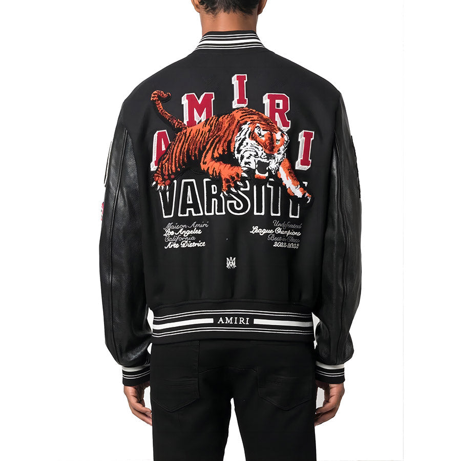 AM Appliquéd Embroidered Wool-Blend Twill and Leather Varsity Jacket