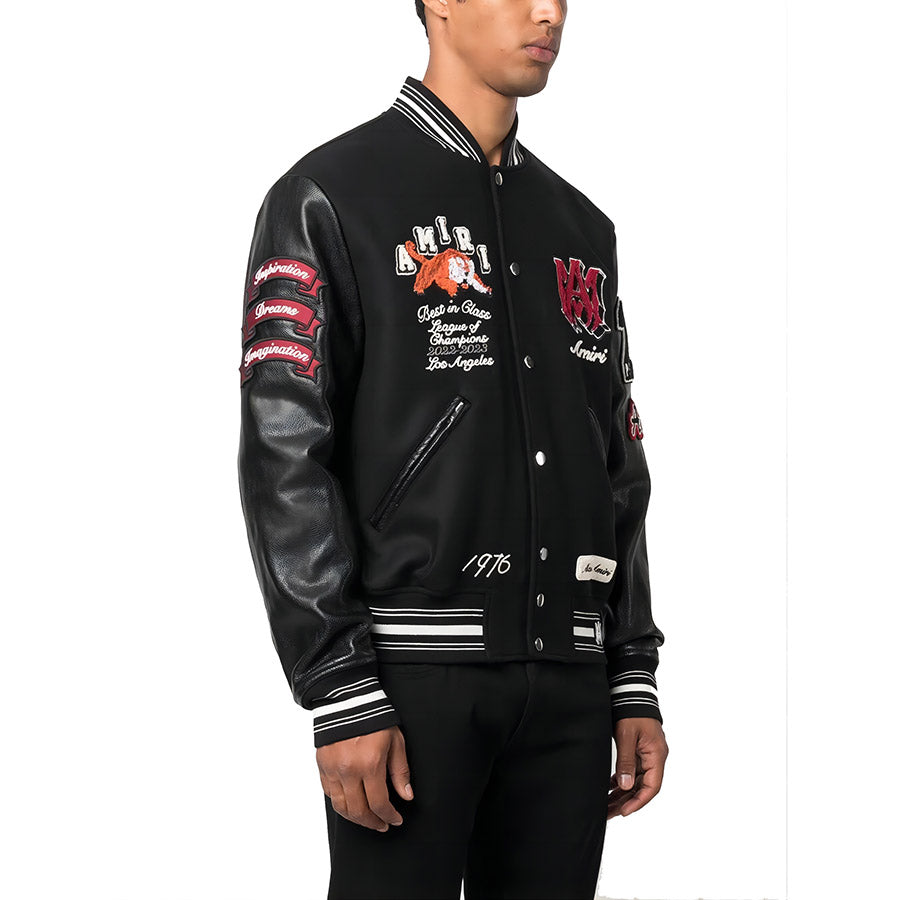 AM Appliquéd Embroidered Wool-Blend Twill and Leather Varsity Jacket