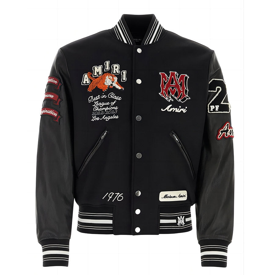 AM Appliquéd Embroidered Wool-Blend Twill and Leather Varsity Jacket