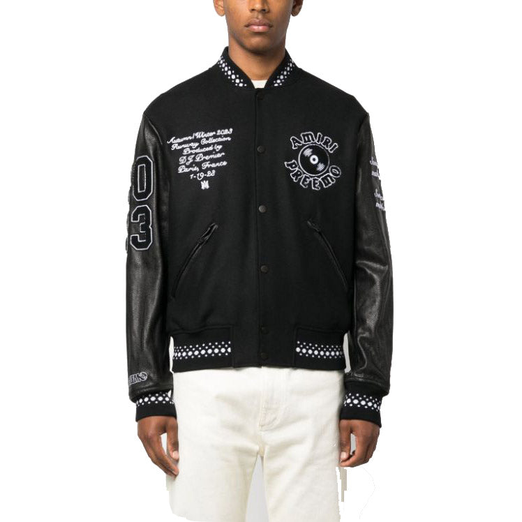 AM Appliquéd Embroidered Wool-Blend Twill and Leather Varsity Jacket