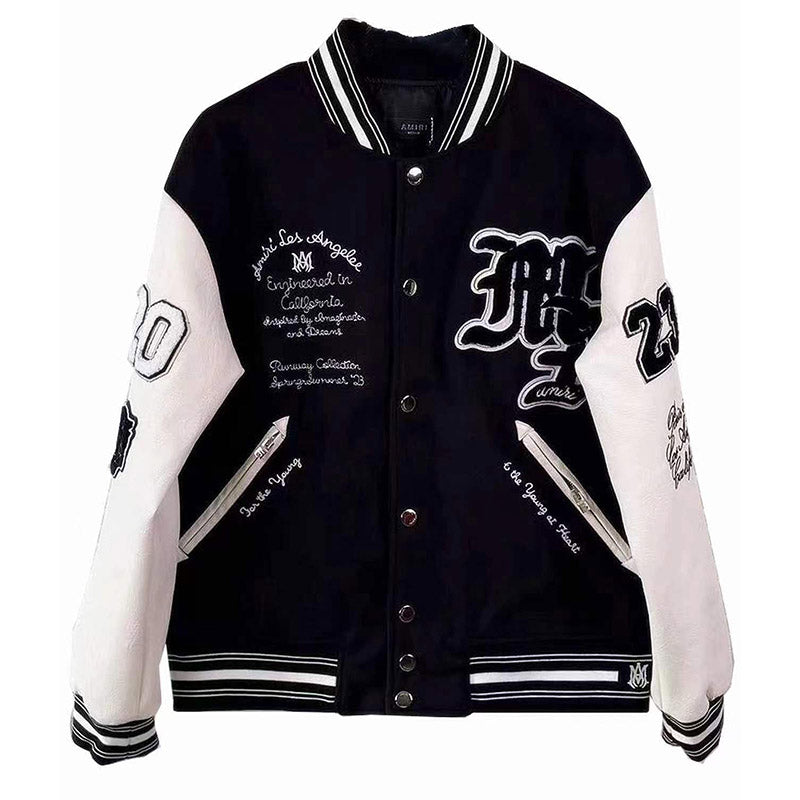 AM Appliquéd Embroidered Wool-Blend and Leather Varsity Jacket
