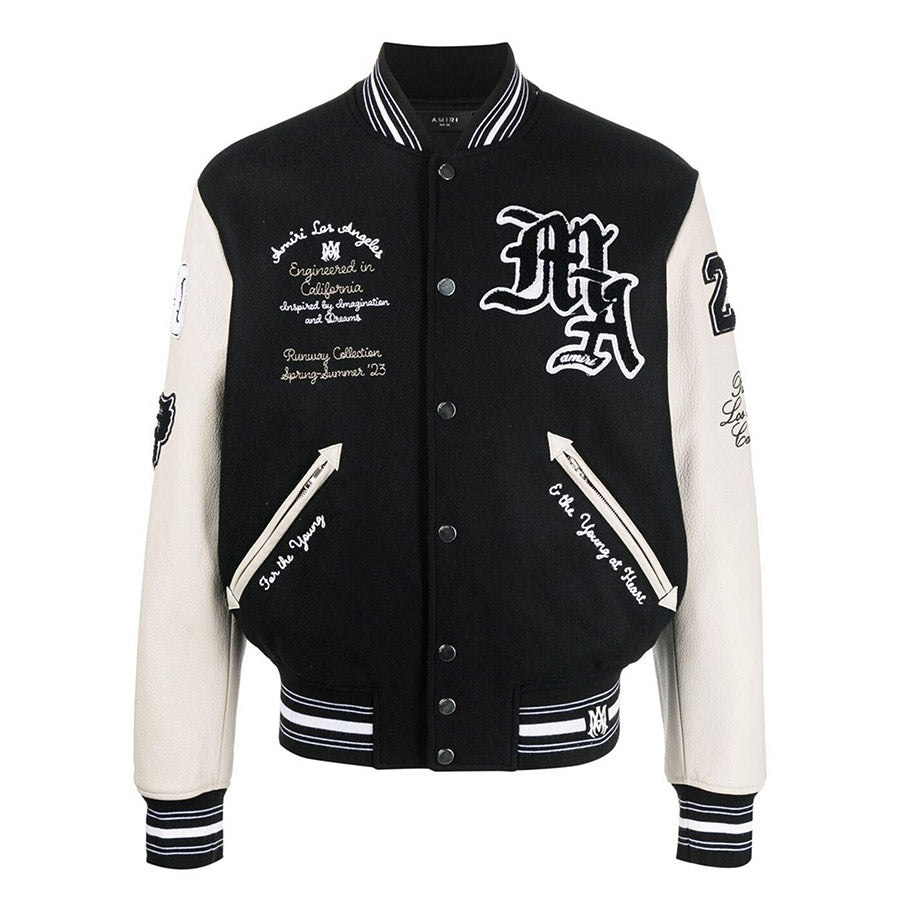 AM Appliquéd Embroidered Wool-Blend and Leather Varsity Jacket