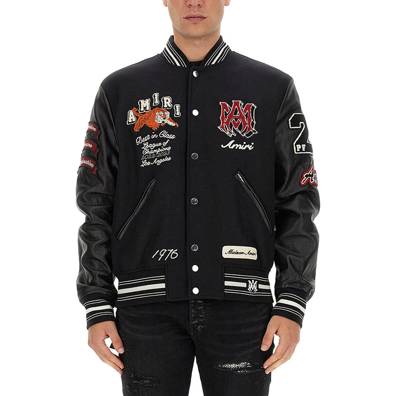 AM Appliquéd Embroidered Wool-Blend Twill and Leather Varsity Jacket