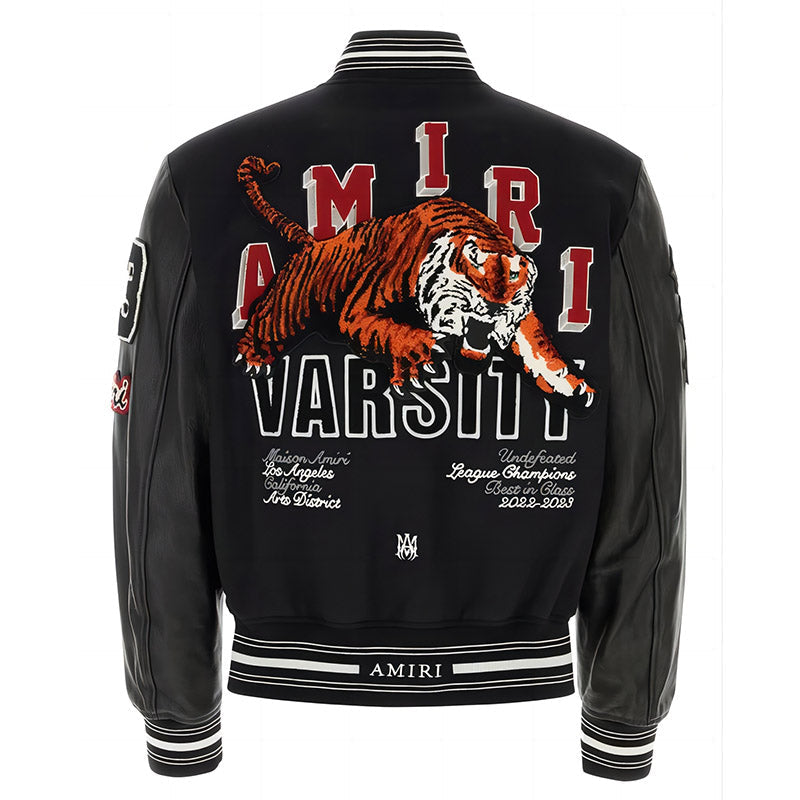 AM Appliquéd Embroidered Wool-Blend Twill and Leather Varsity Jacket