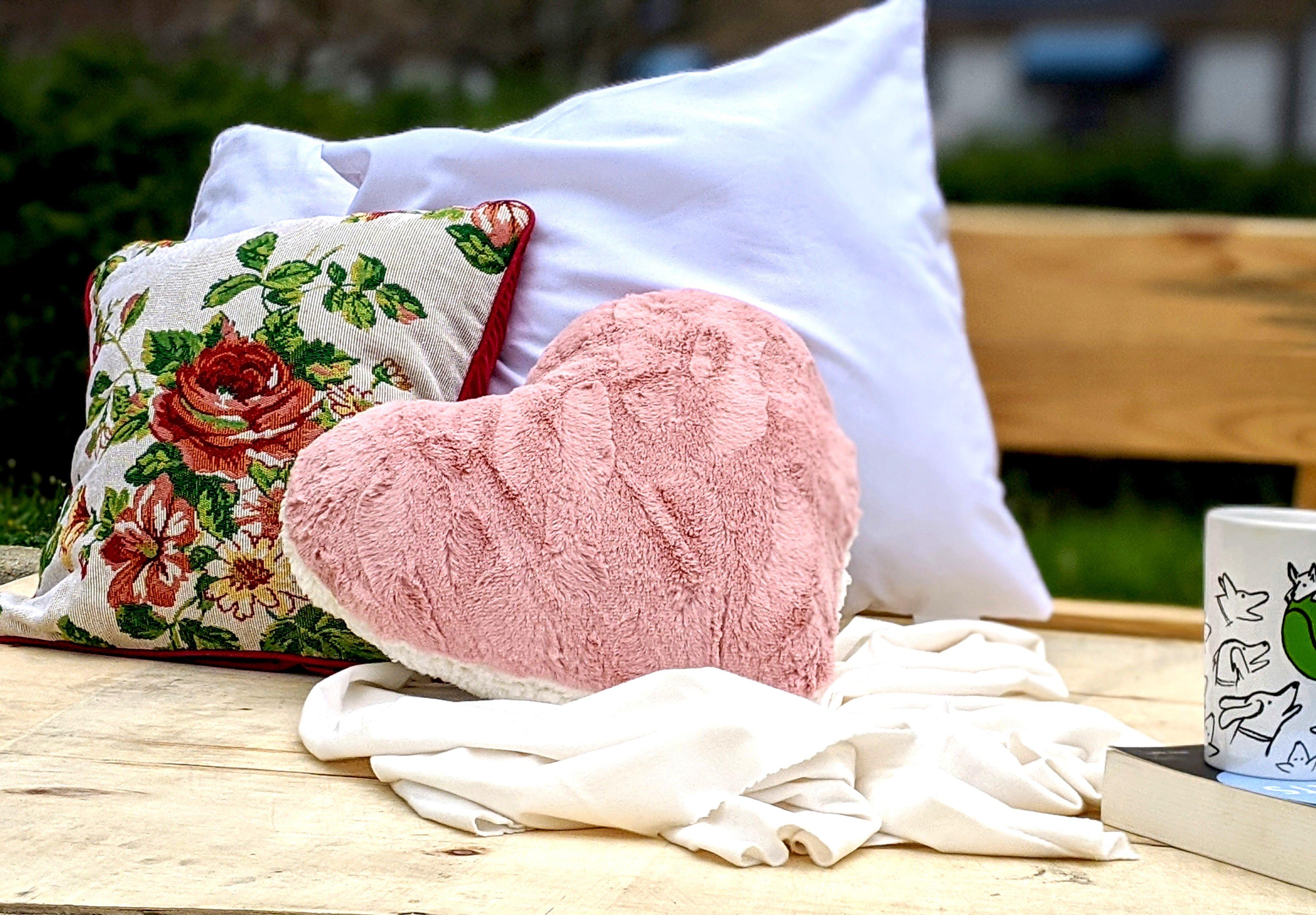 Handmade Faux Fur Pink White Heart Shape Throw Pillow
