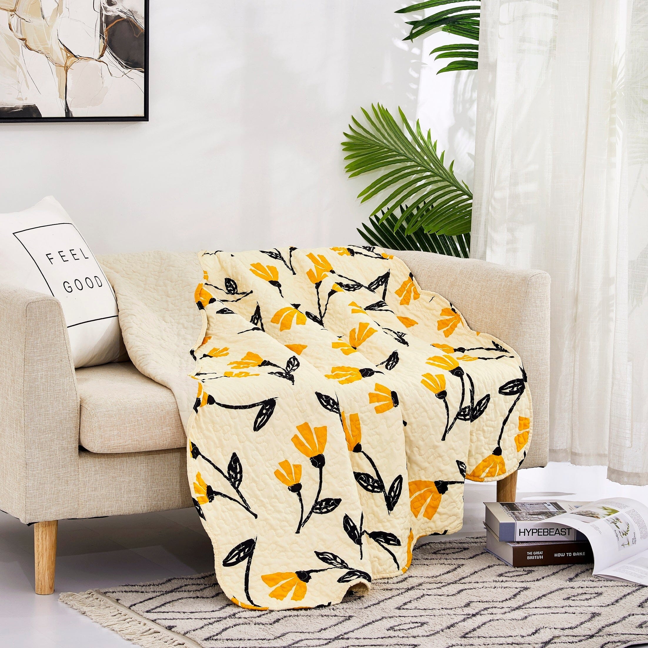 Botanical Floral Throw Blanket - Quilted Yellow Fleur Golden Orange Spring Time Tulips - Scalloped Edges Bright Vibrant Ivory Cream - 50 x 60-Tolkye