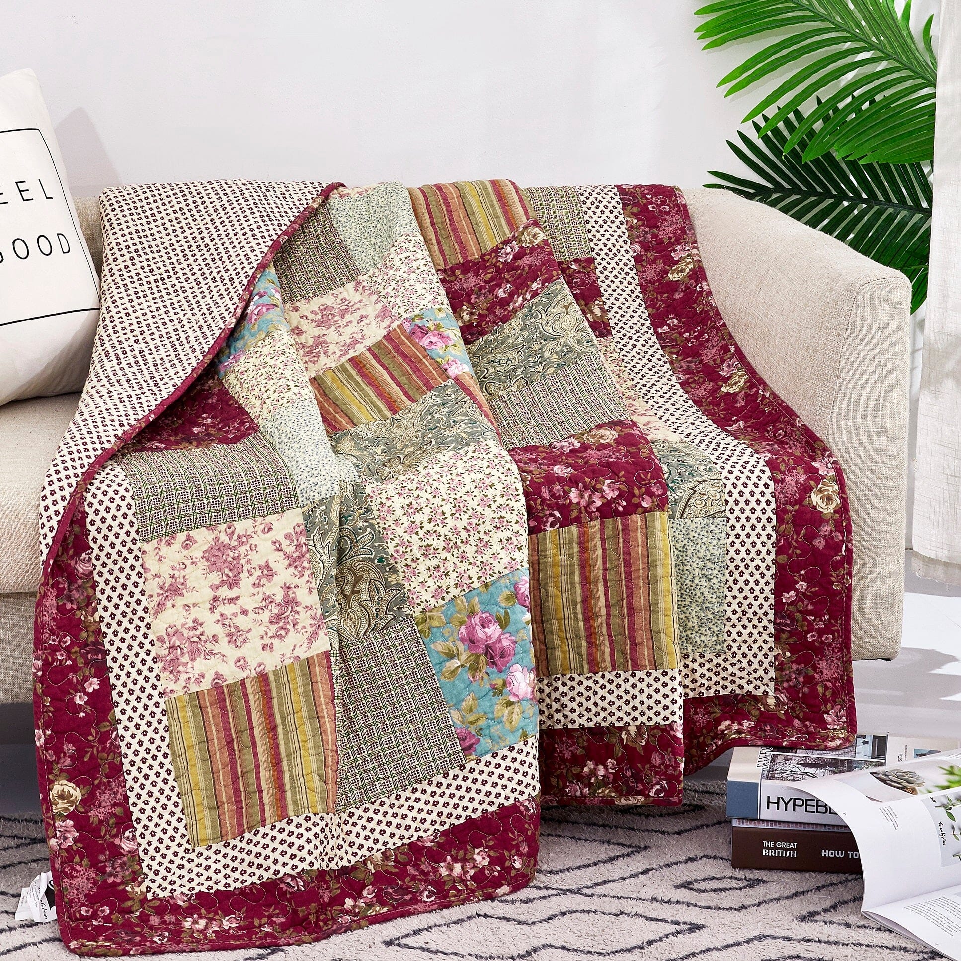 Fairy Tale Tea Party Beige Burgundy Paisley Floral Cotton Patchwork Quilted Throw Blanket