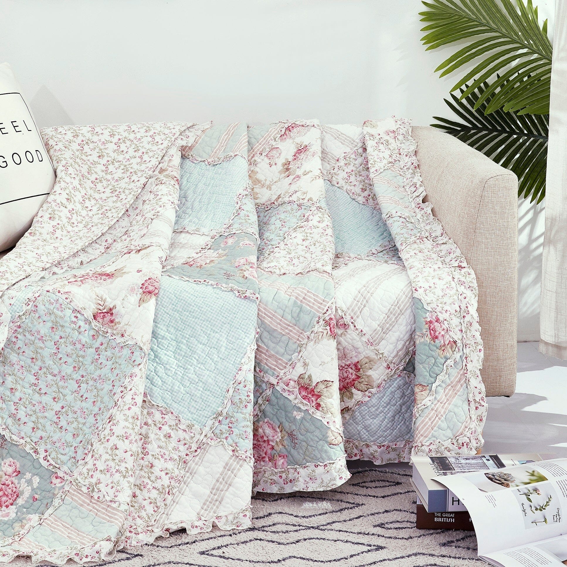 Cotton Cottage Floral Patchwork Quilted Throw Blanket - Reversible Hint of Mint - Ruffle Pastel Light Pink Blue/Green - 50 x 60-Tolkye