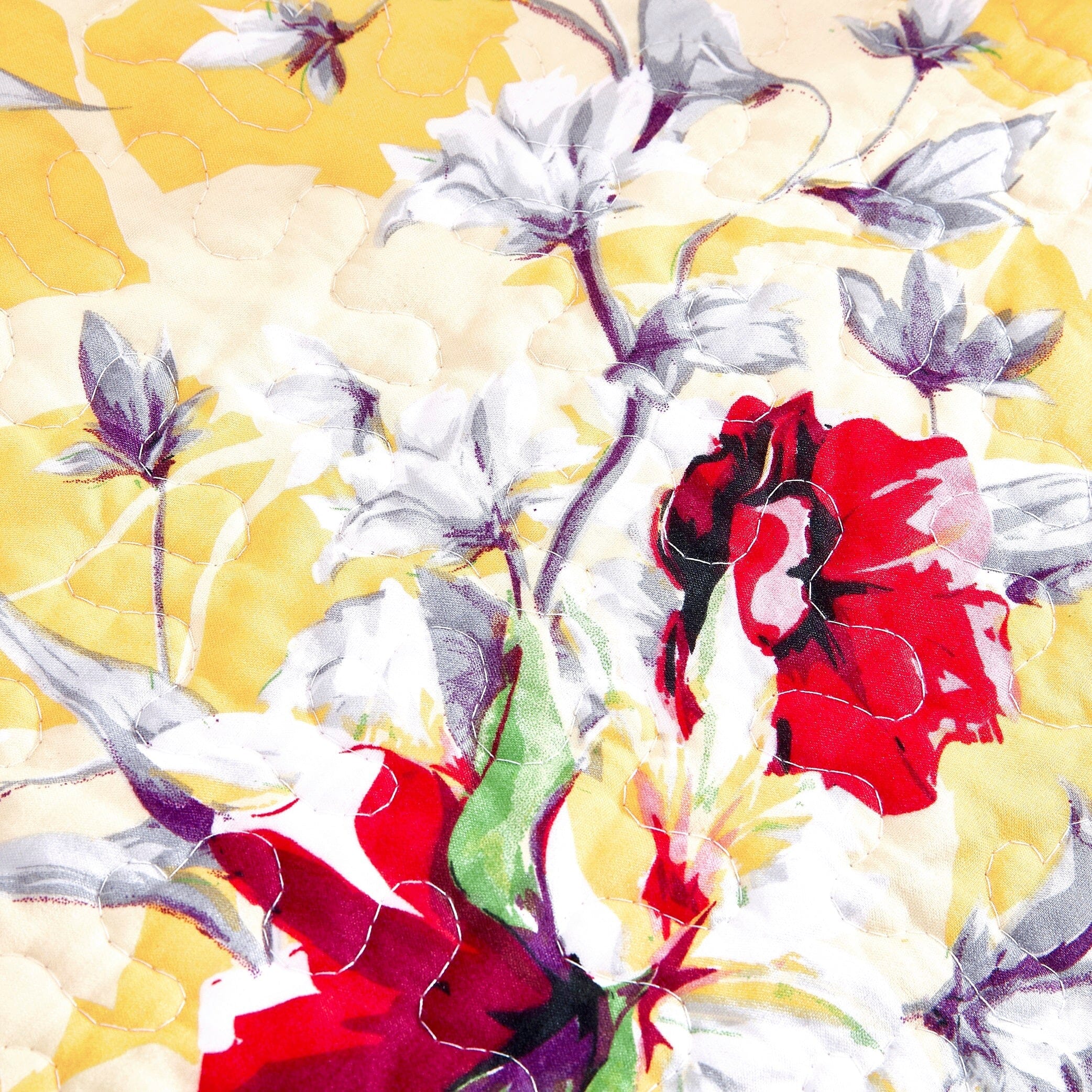 Yellow Floral Quilted Throw Blanket - Hummingbirds Farmhouse Red Flowers for Couch, Sofa or Bed- Scalloped Edges-Tolkye