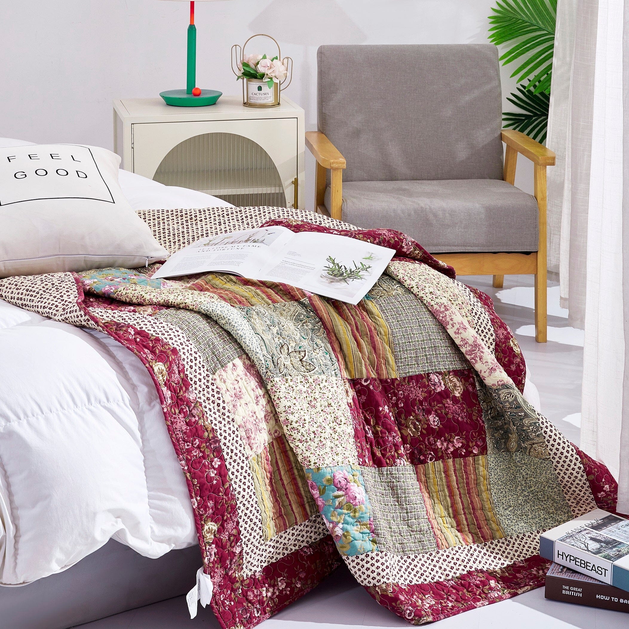 Fairy Tale Tea Party Beige Burgundy Paisley Floral Cotton Patchwork Quilted Throw Blanket